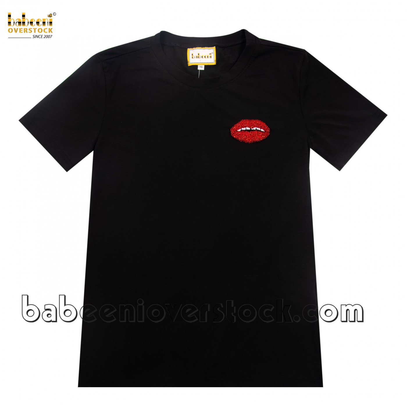 Women T-shirt with bead red lip hand embroidery pattern - BB2194